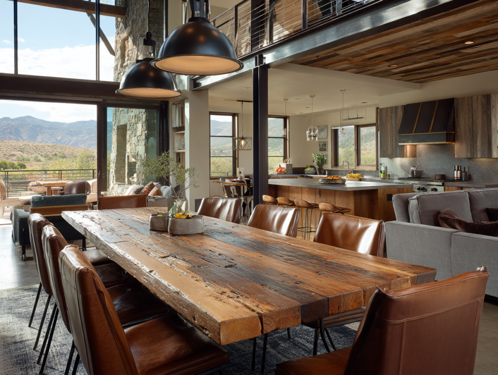 Rustic Modern dining area with large reclaimed wood table, modern metal and leather chairs, industrial pendant light, and open sightlines to kitchen and living areas.