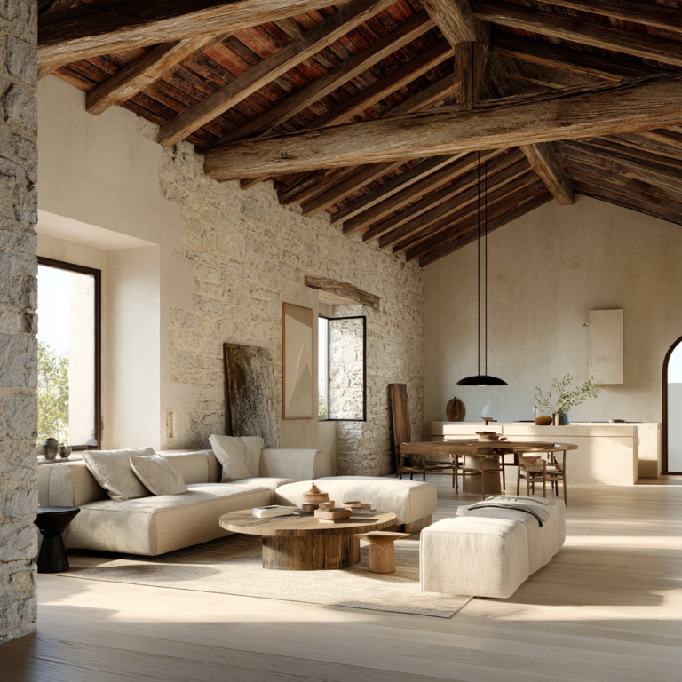 Rustic Modern open-plan interior, exposed wood beams, stone wall, warm neutral palette, minimal furniture, abundant natural light, calm grounded mood, ultra soft airy grounded editorial photography