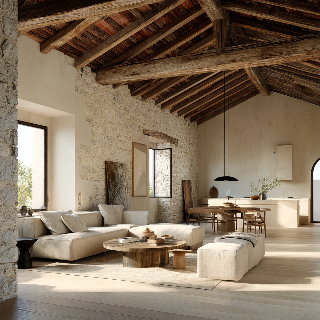 Rustic Modern open-plan interior, exposed wood beams, stone wall, warm neutral palette, minimal furniture, abundant natural light, calm grounded mood, ultra soft airy grounded editorial photography