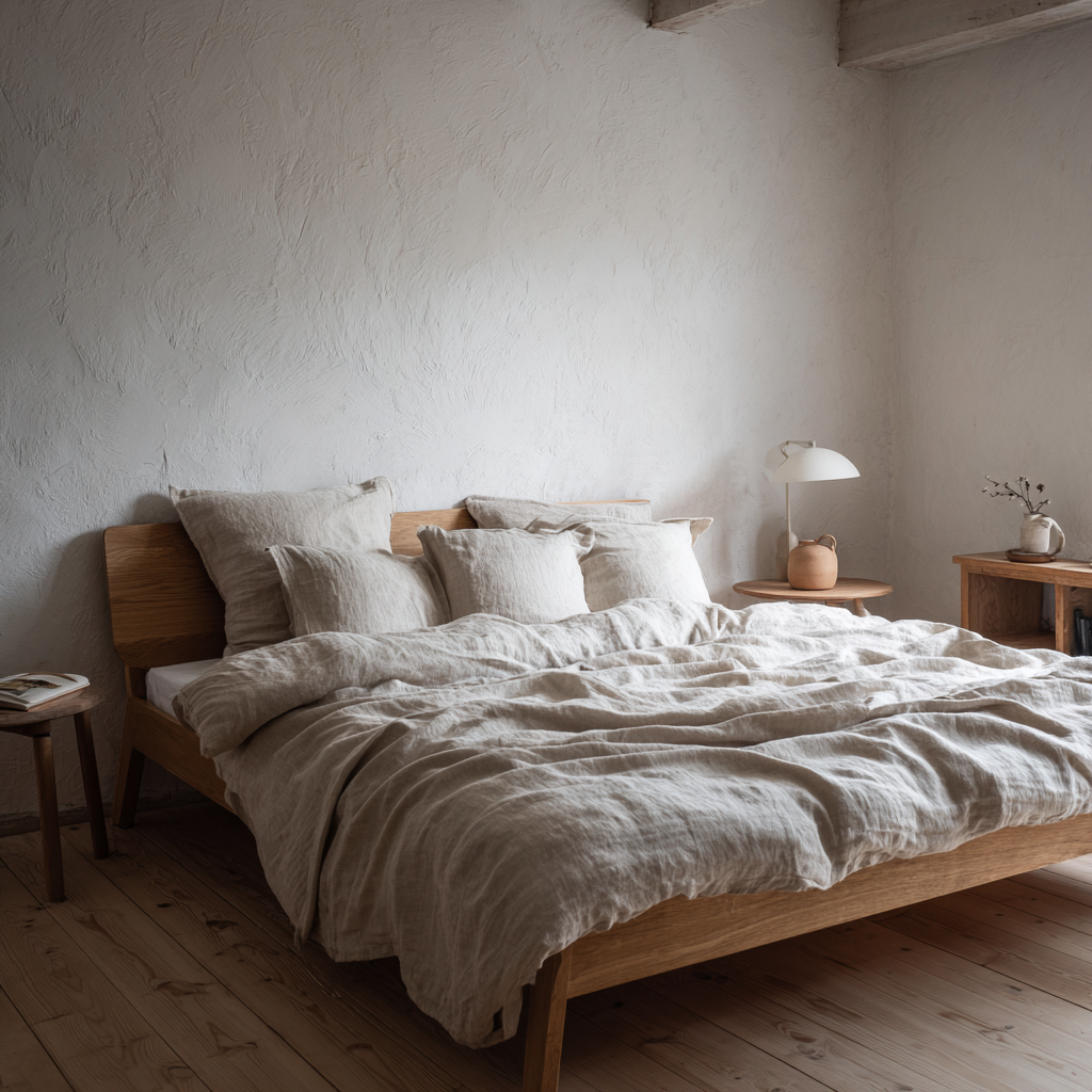 scandinavian bedroom with light wood bed and linen sheets
