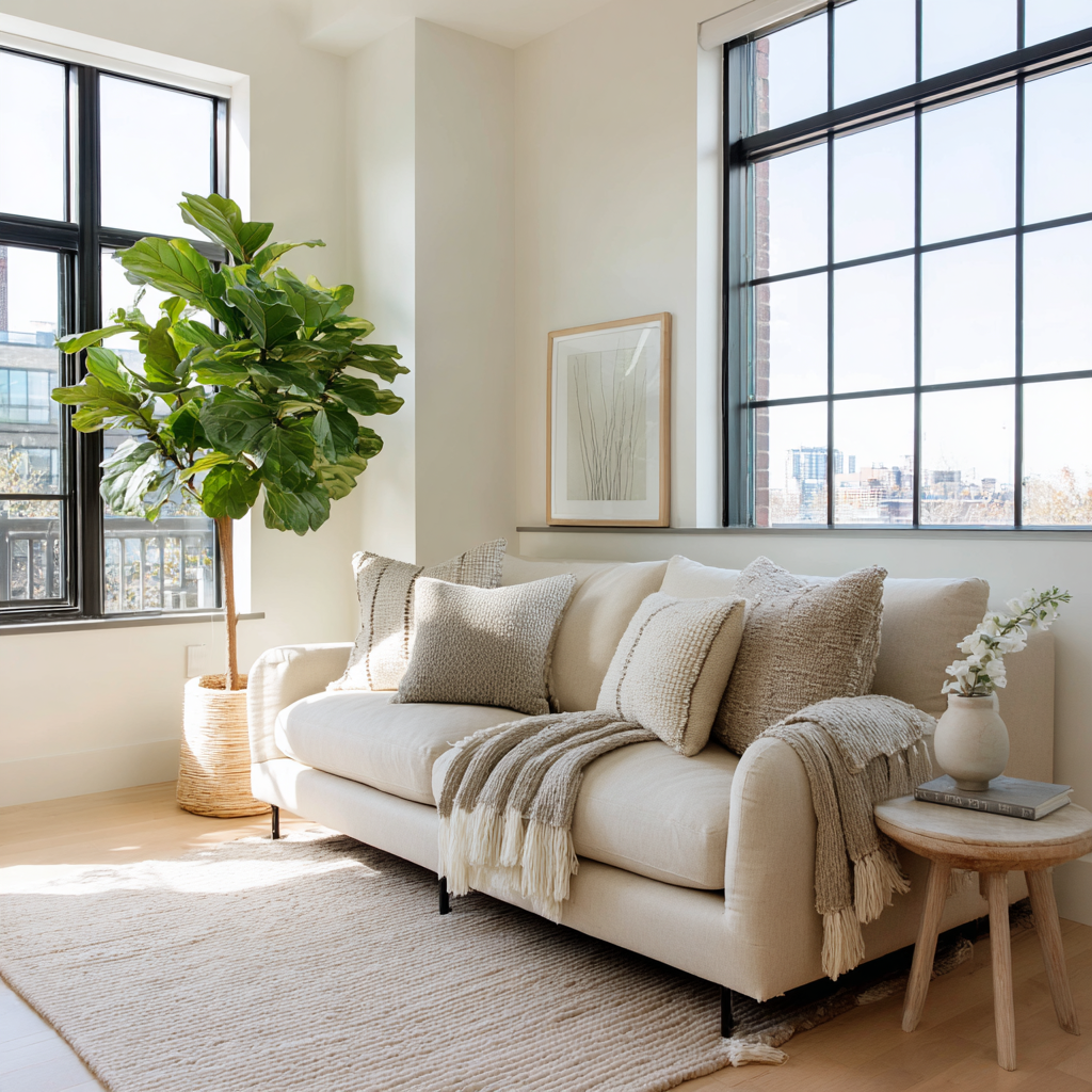 A bright Scandinavian living room featuring white walls, light oak floors, a neutral linen sofa with textured throw pillows, potted fiddle leaf fig, and natural afternoon light streaming through large windows
