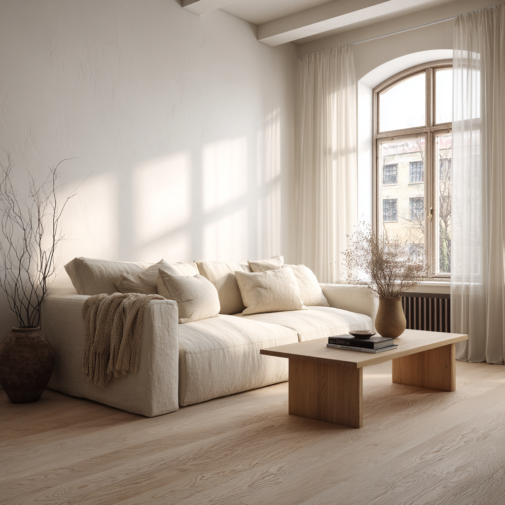 Scandinavian living room with light oak floors, linen sofa, and soft natural light creating a calm minimalist atmosphere.