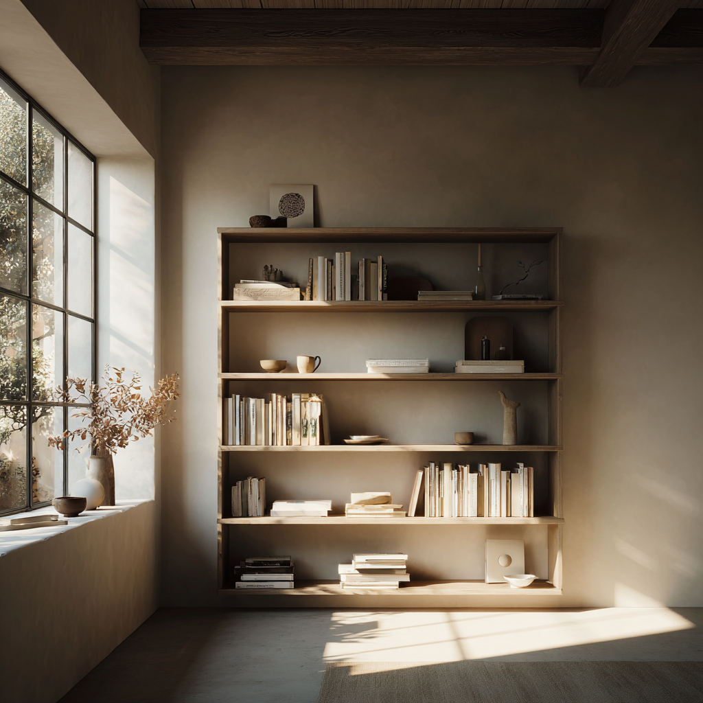 Warm minimal bookshelf, natural light, lived-in interior, neutral tones, muted colors, editorial photography, soft shadows, calm