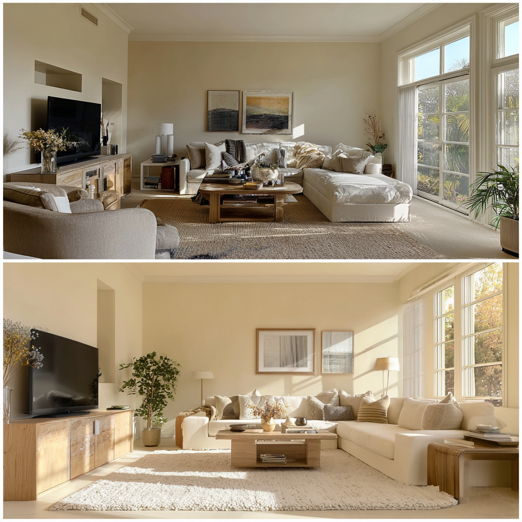 before and after minimalist room, left side overcrowded with too many objects, right side same room with generous negative space, warm neutrals, natural light, emotional contrast, calm on the right