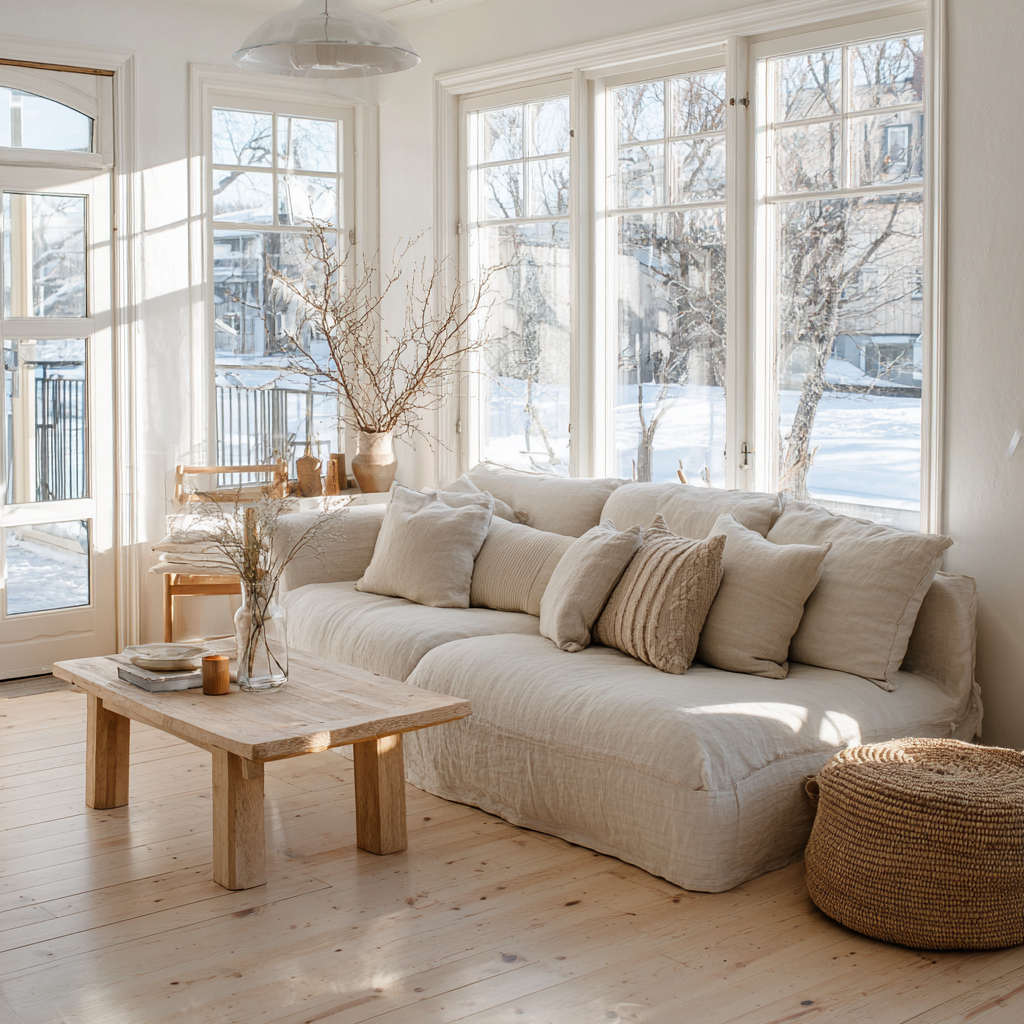 A bright Scandinavian living room with pale wood floors, soft white walls, light oak furniture, linen sofa, large windows with winter sunlight, cozy minimal styling, natural textures, calm Nordic interior photography