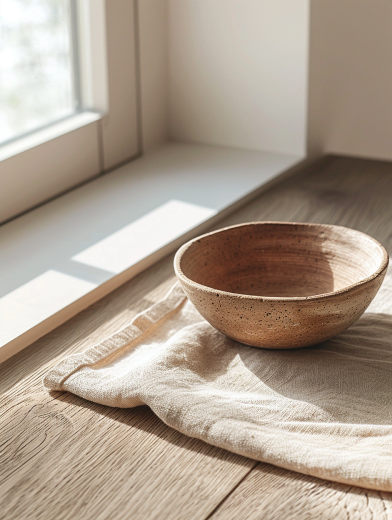 close-up detail of warm minimalist textures, matte unglazed terracotta bowl next to natural linen napkin, light walnut wood surface, soft diffused natural light from side window, subtle shadows, tactile and grounding feel, neutral earthy palette, photorealistic macro interior detail, editorial style, calm and refined