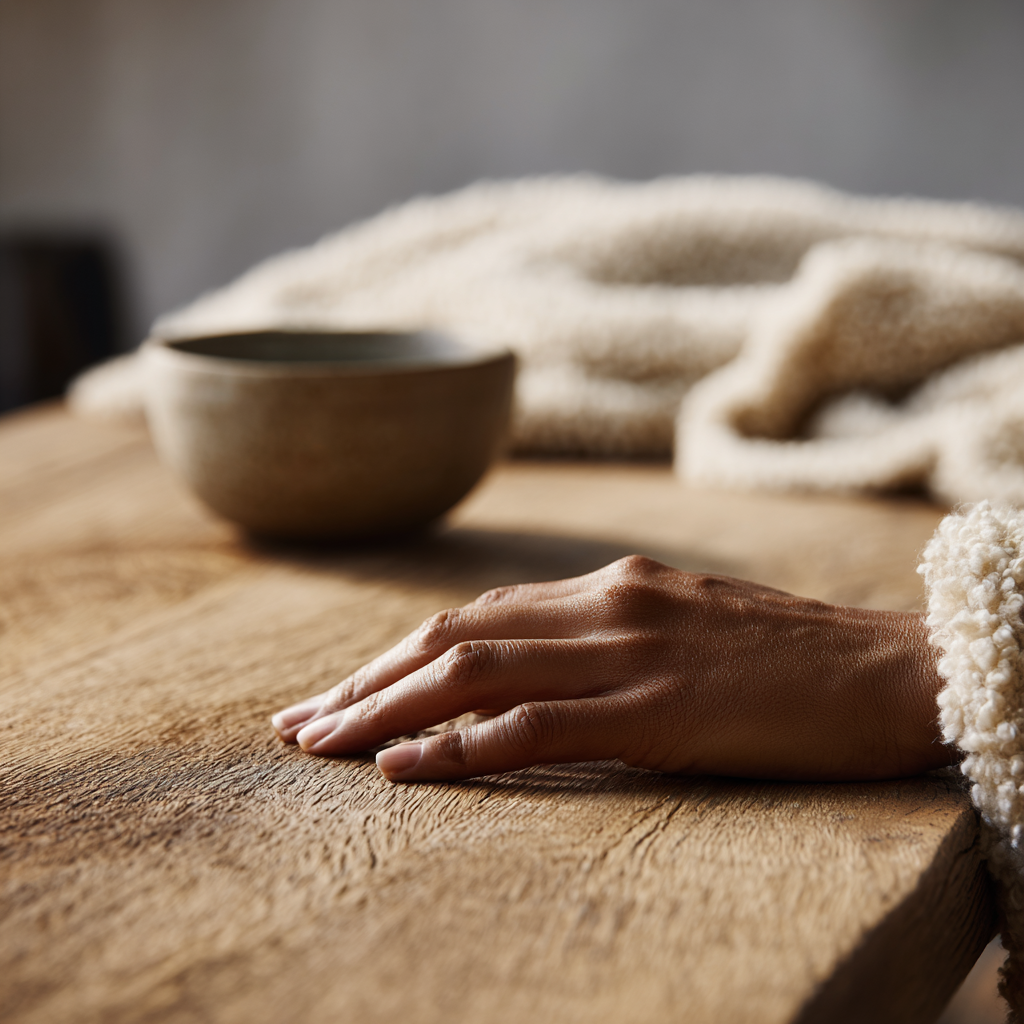 closeup of hand on wooden table with ceramic bowl and wool throw.