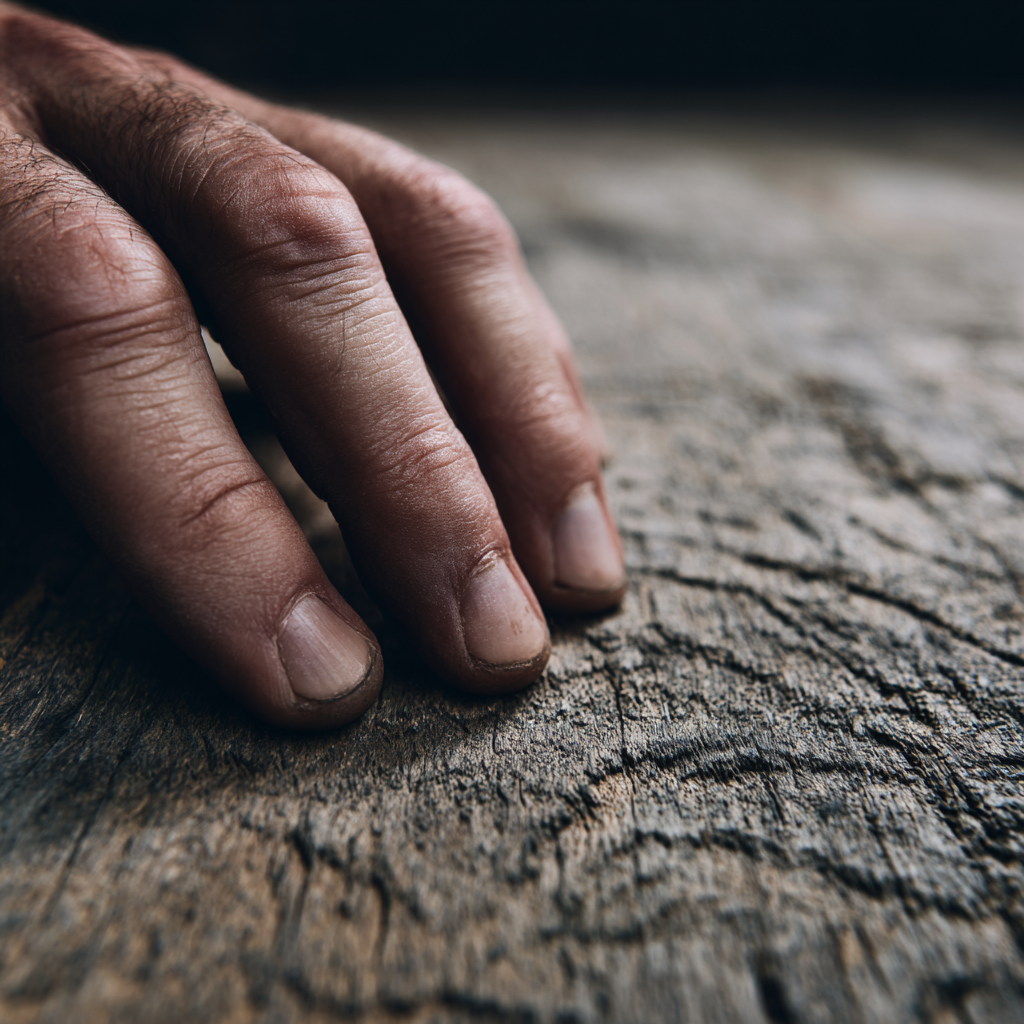 close-up of hand touching an aged wooden table.