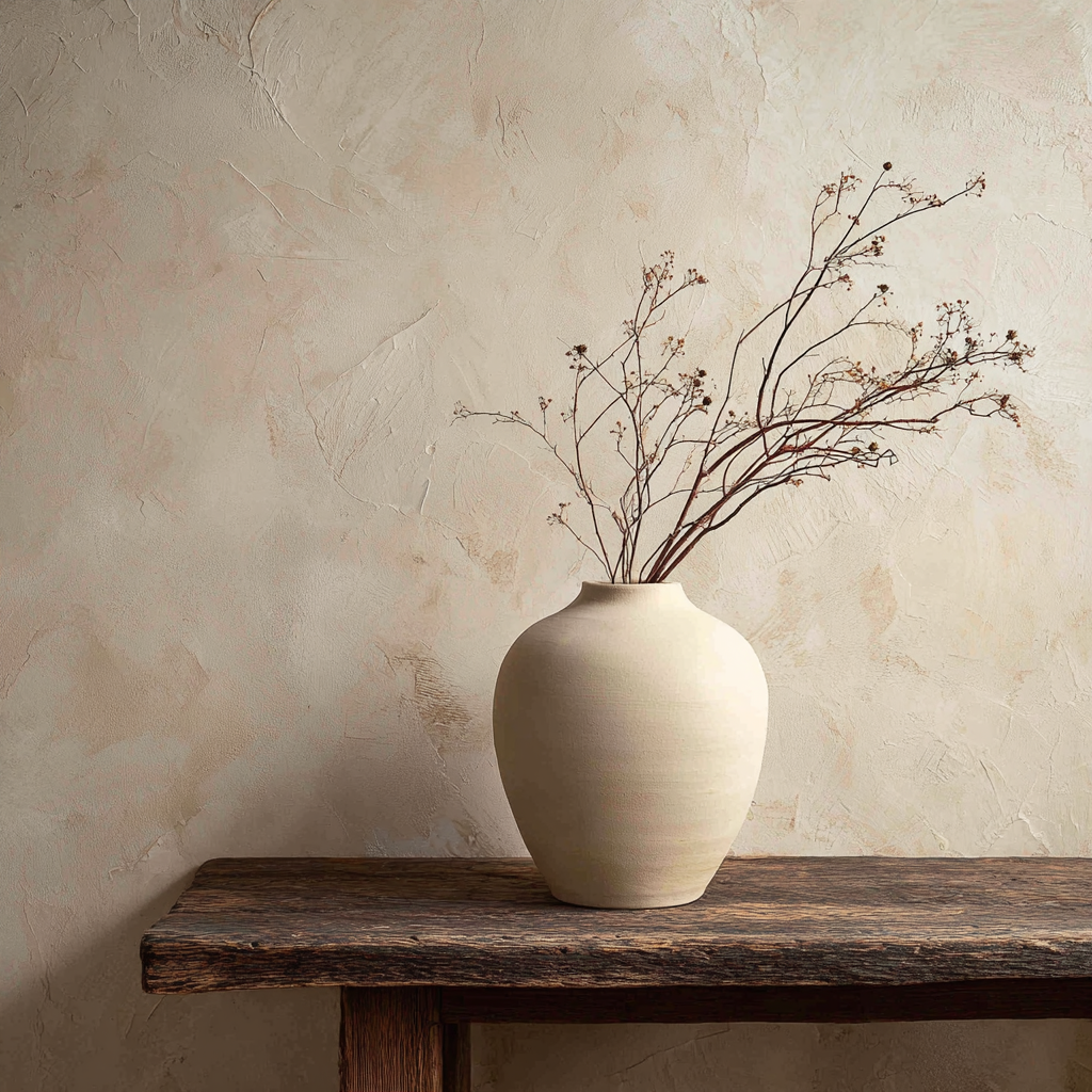 A close-up of a hand-thrown ceramic vase with a subtle matte texture holding a single dried branch, sitting on a reclaimed wooden console table against a textured plaster wall