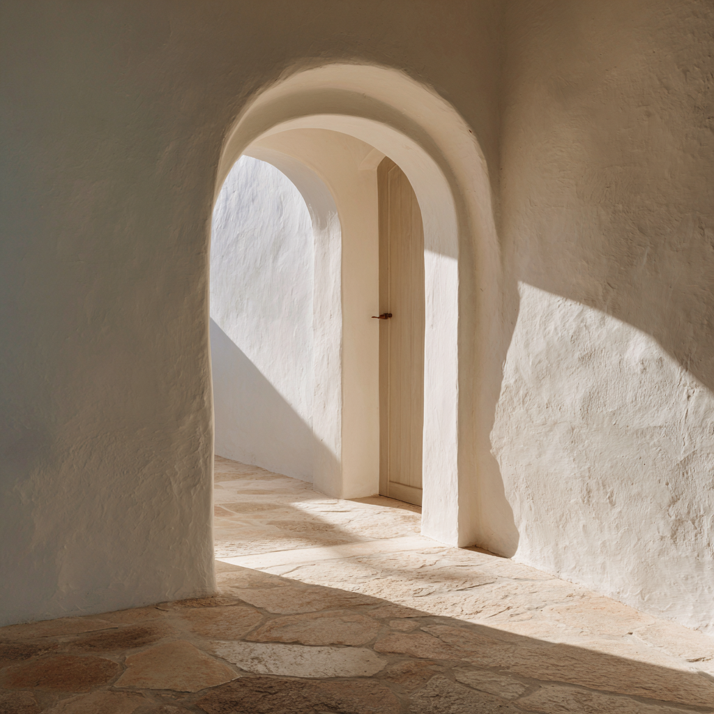 Modern Mediterranean design close-up of arched doorway in white plaster wall, warm sunlight casting soft shadows, natural stone floor, minimal styling, serene Mediterranean atmosphere, ultra soft airy editorial photography
