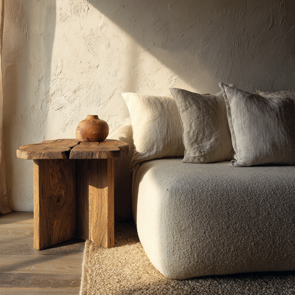 close-up of sculptural wood side table with organic shape, linen sofa edge, textured plaster wall, soft sunlight grazing surface, natural materials, ultra soft airy editorial photography

