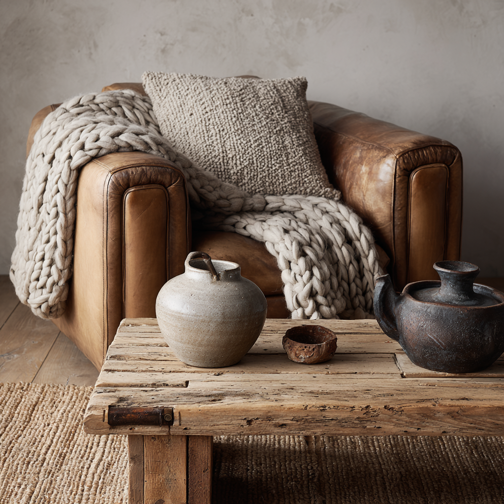 close-up styling shot of leather armchair, chunky knit throw, reclaimed wood coffee table surface, ceramic pottery, jute rug texture, warm diffused light, ultra soft airy grounded editorial photography