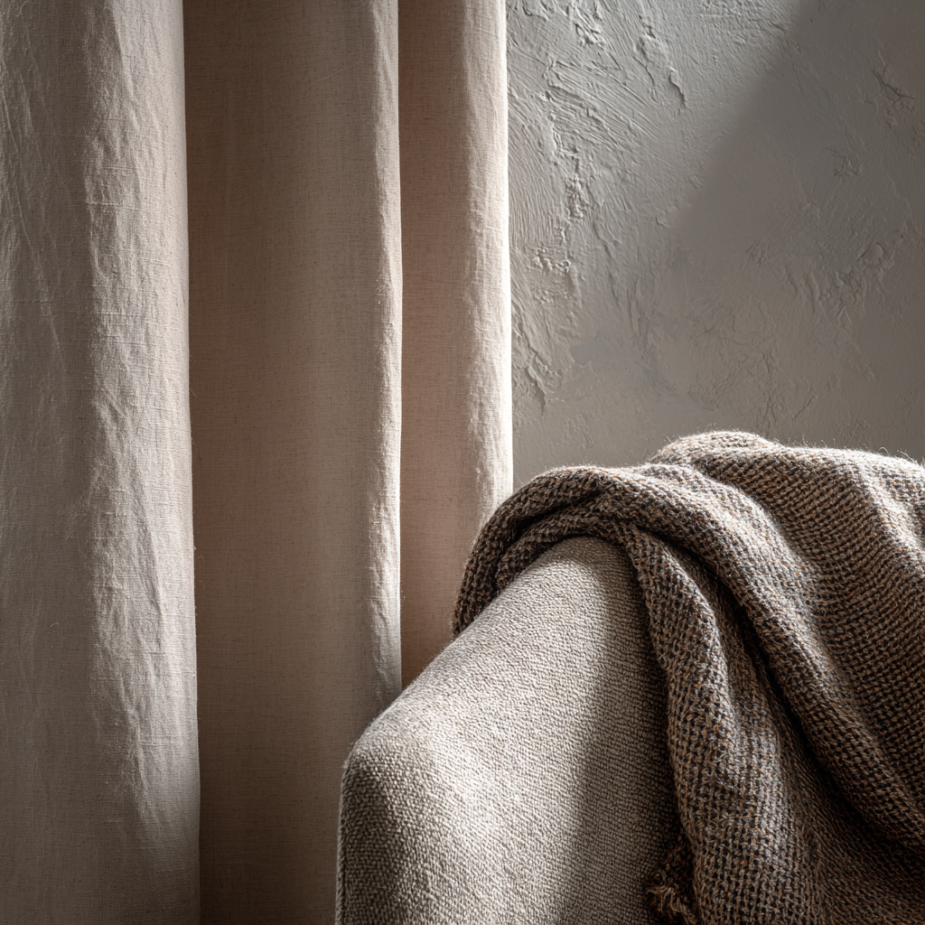 A close detail shot of layered soft materials the edge of a heavy linen curtain against a plaster wall, or a wool throw draped over a chair arm near a window. The image is about texture and the sense of weight and absorbency that soft things carry.
