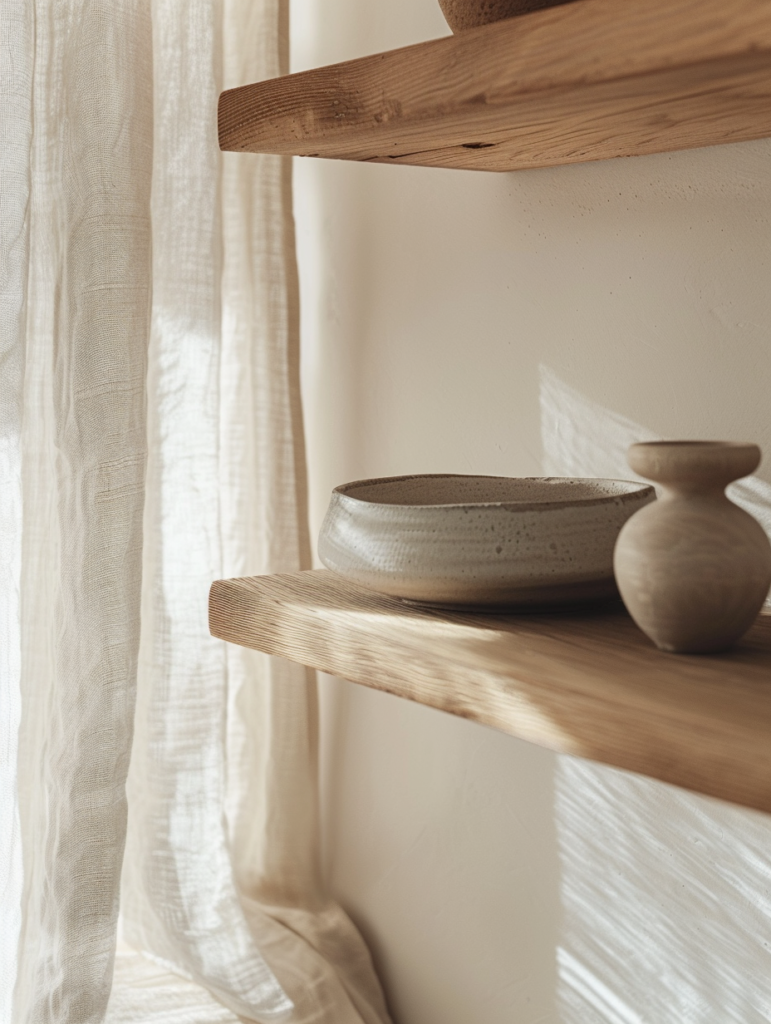 close up of wooden floating shelf in warm minimalist home, only three carefully chosen objects with large empty space between them, soft natural light, linen curtain in background, tactile and intentional