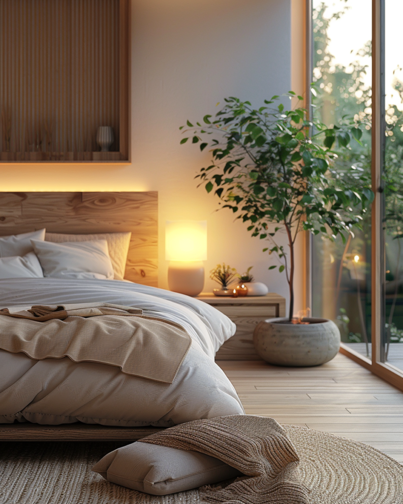 cozy warm minimalist bedroom at dusk, soft greige linen bedding with wool blanket folded at foot, wooden headboard with natural grain, single ceramic table lamp emitting warm glow, large window showing fading evening light, potted monstera in corner, peaceful and restful mood, photorealistic, natural indoor lighting, quiet luxury without excess
