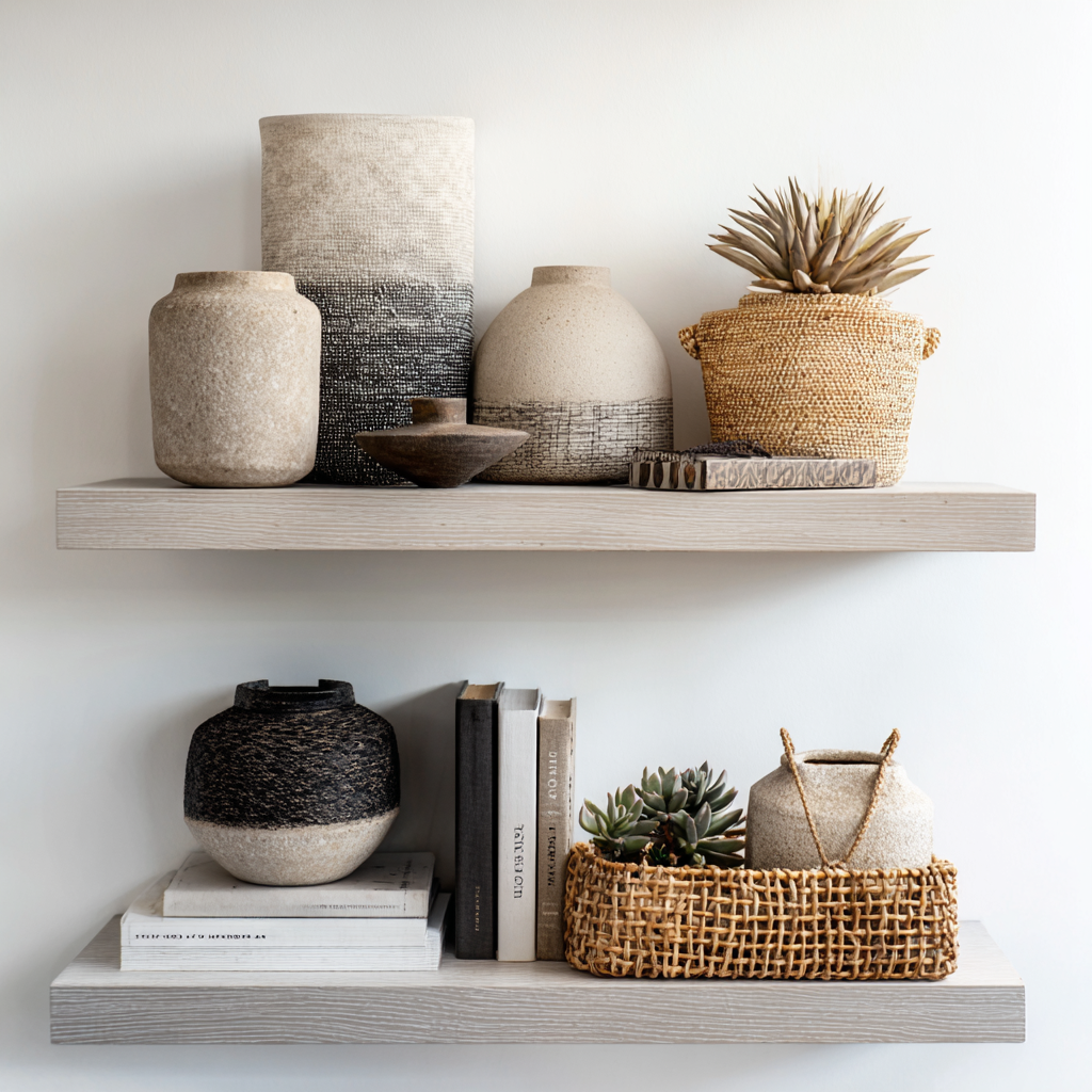 desert modern styled shelf vignette with ceramic vessels, woven basket, succulent, and design books.)