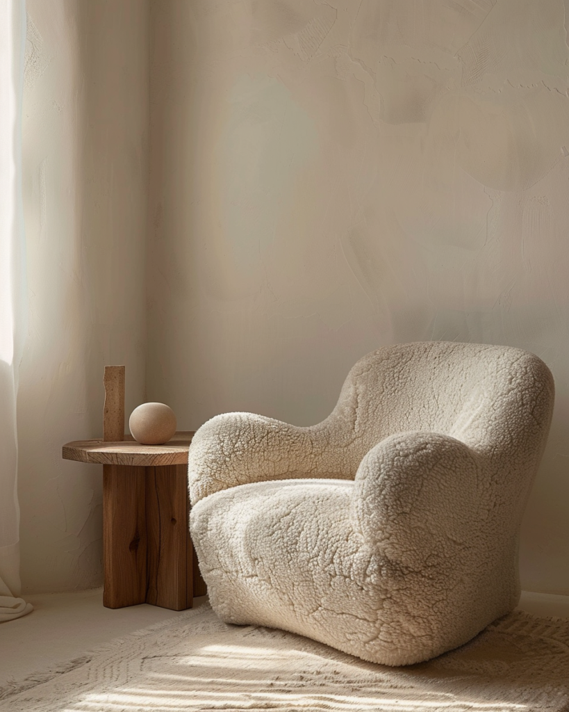 extreme close up of negative space, soft boucle chair with wide empty area beside it, warm oak side table with single small object, creamy wall, peaceful and intentional, warm minimalism
