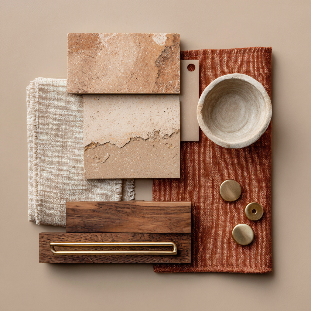 flat lay of sandstone sample, terracotta tile, walnut wood, linen fabric, brushed brass hardware, small ceramic bowl, arranged minimally on warm neutral background, ultra soft airy desert-toned photography
