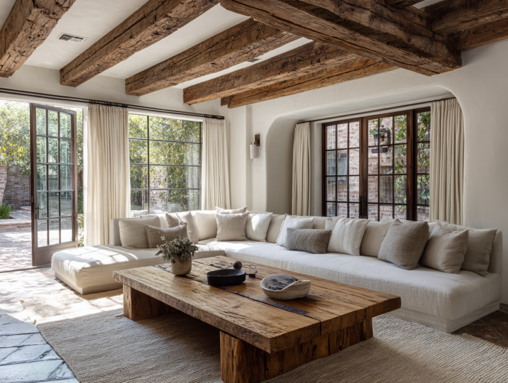 A Rustic Modern design living room featuring exposed wooden beams, a contemporary low-profile sofa in neutral linen, reclaimed wood coffee table, and large windows flooding the space with natural light.