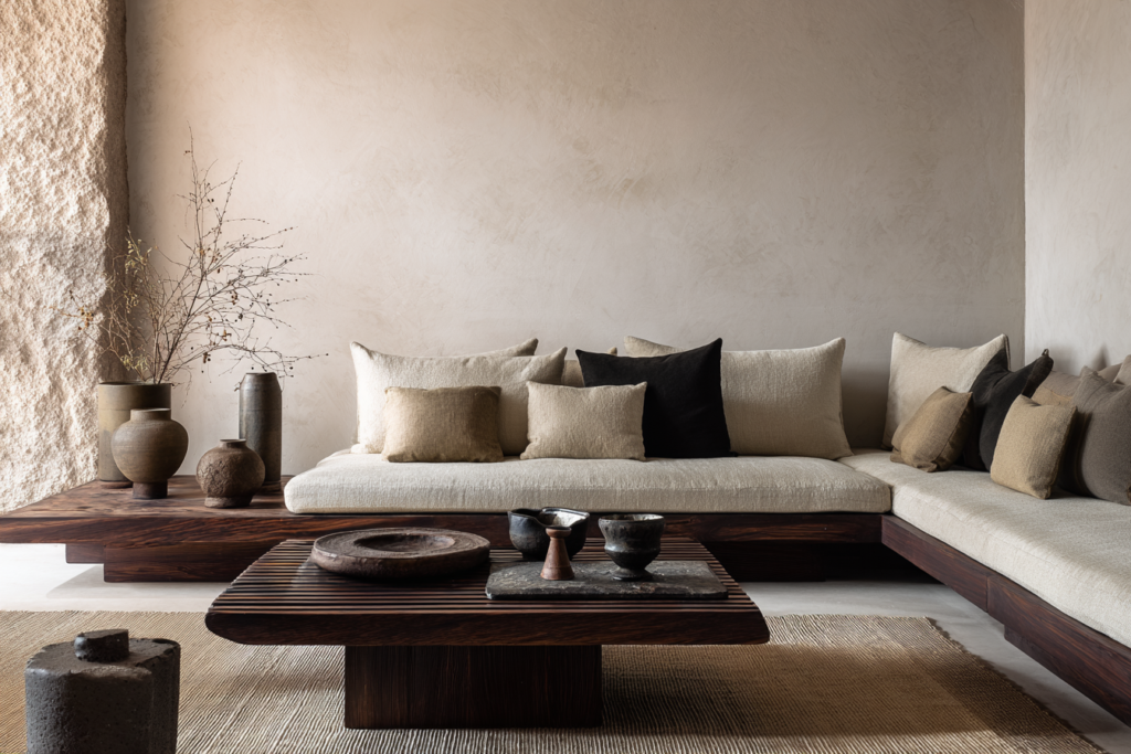 Japandi living room interior, low profile sofa, dark wood coffee table, handmade ceramics, soft neutral tones, minimal decor, Japanese Scandinavian fusion interior design, natural textures, calm atmosphere, architectural digest style photography 
