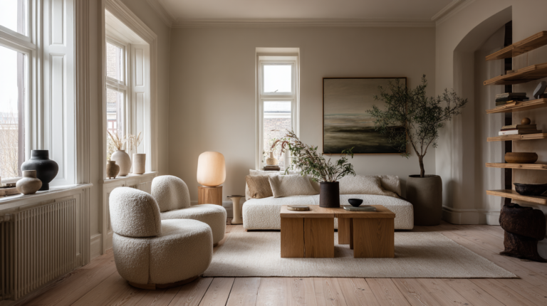 Scandinavian and Japandi interior contrast, bright Nordic living room with pale oak and soft white palette transitioning into warm Japandi space with darker wood and earth tones, minimalist styling, natural textures, calm balanced composition, high end interior photography