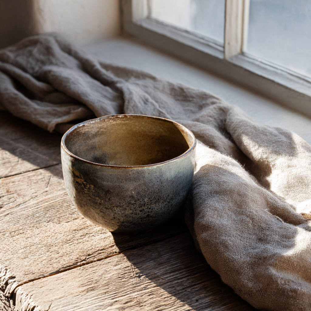 close-up of handmade ceramic tea bowl with imperfect glaze, linen table runner, raw wood surface, subtle natural light from window, quiet composition, tactile textures, ultra soft airy magazine photography, warm neutral color grading, natural light, soft shadows, minimal styling