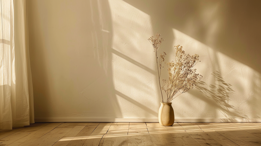 quiet corner of a warm minimalist home, empty space filled with soft light, single dried flower in a vase, linen and wood, sense of emotional spaciousness and peace