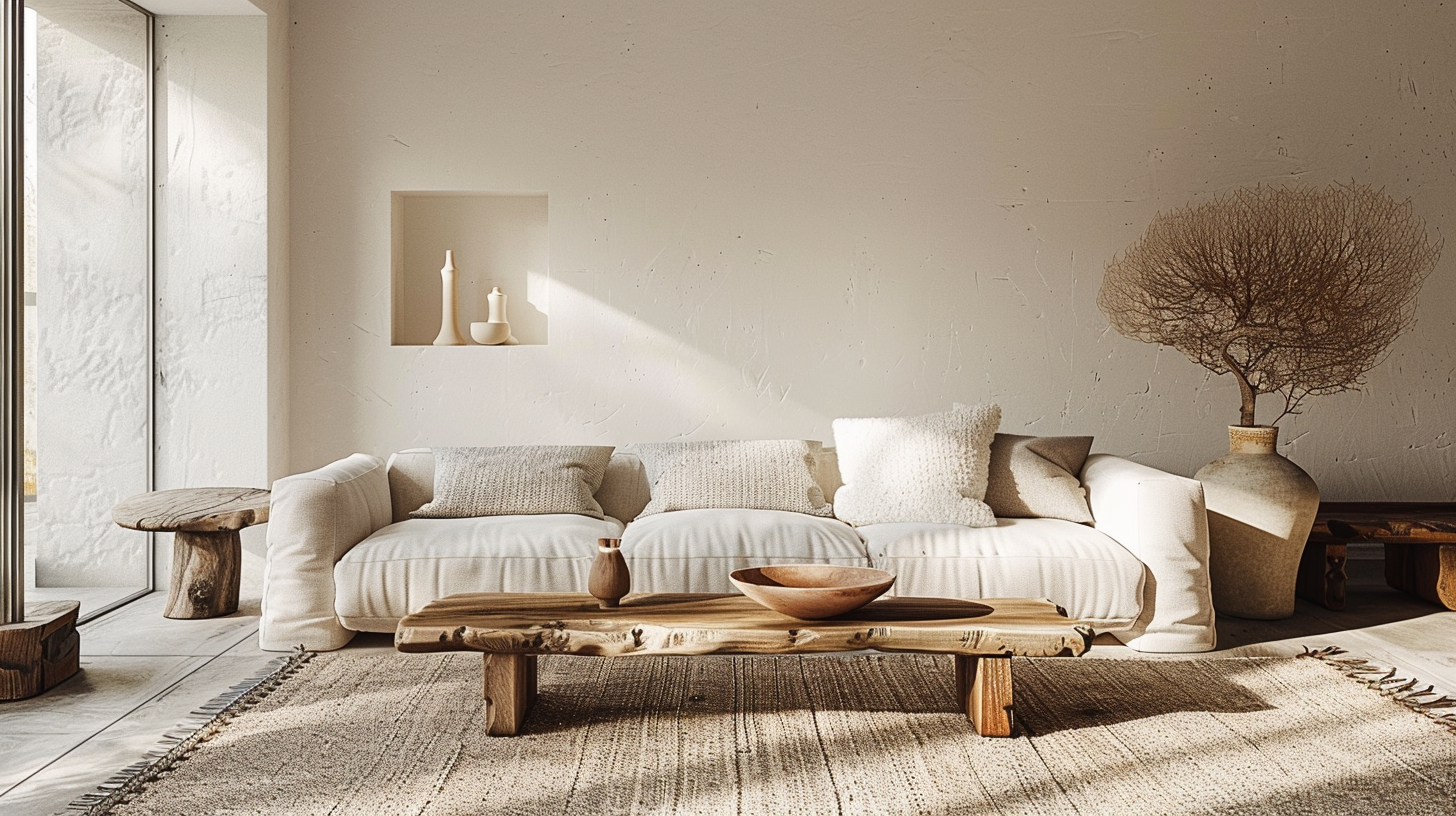warm minimalist living room, soft morning light, creamy linen sofa with generous empty space around it, warm oak coffee table with only one ceramic vessel, large expanse of negative space on the wall, natural textures, calm and soulful atmosphere, soft neutral palette, peaceful and airy