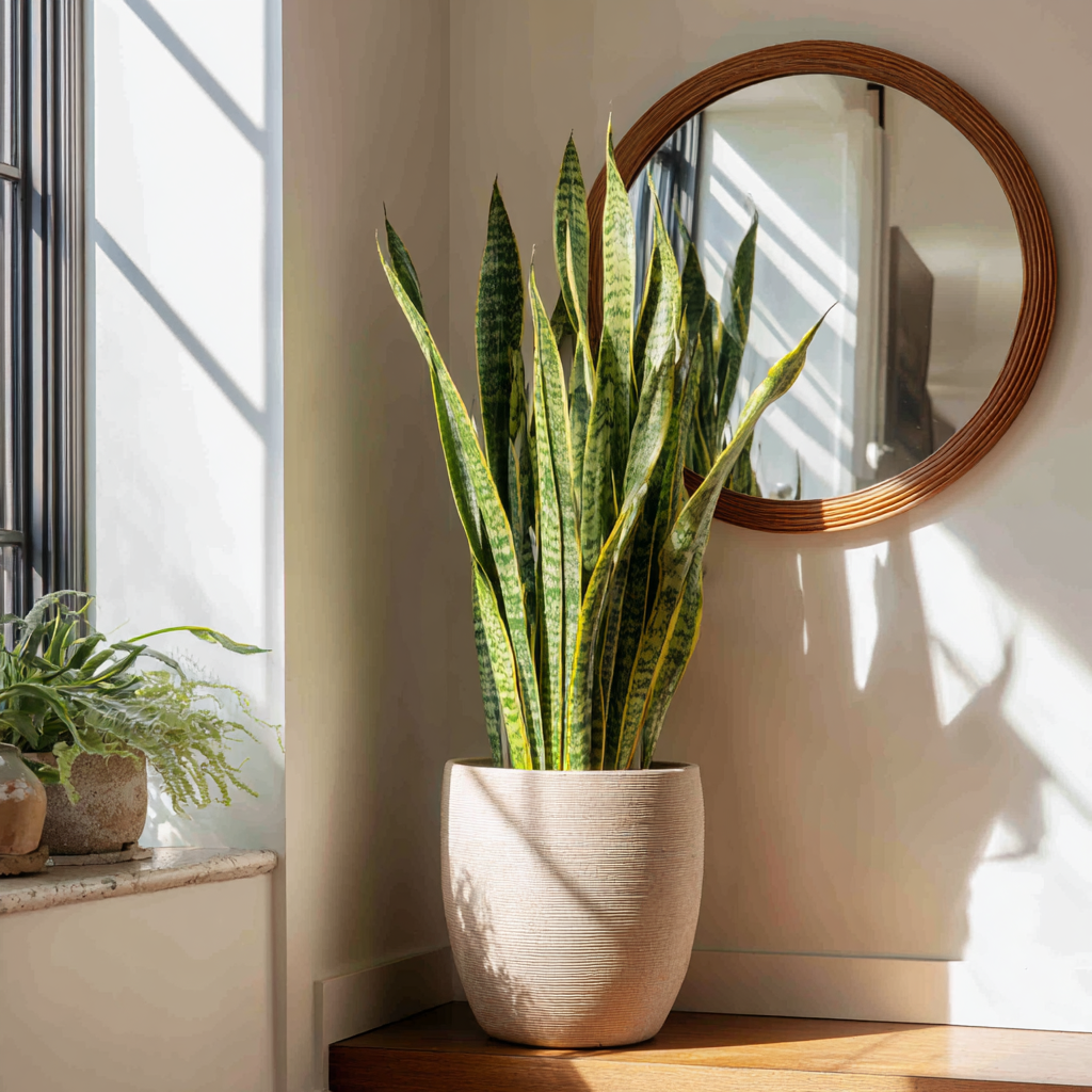 A large, healthy snake plant in a neutral clay pot sitting in a sunlit entryway with a circular wood-framed mirror on the wall