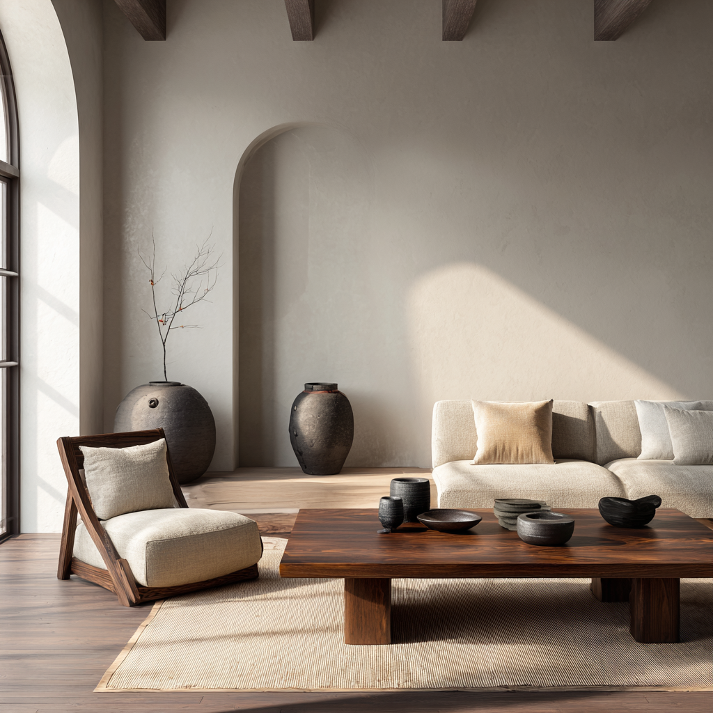 low Japandi furniture arrangement with walnut wood coffee table, linen seating, ceramic objects, minimalist calm interior design, soft daylight