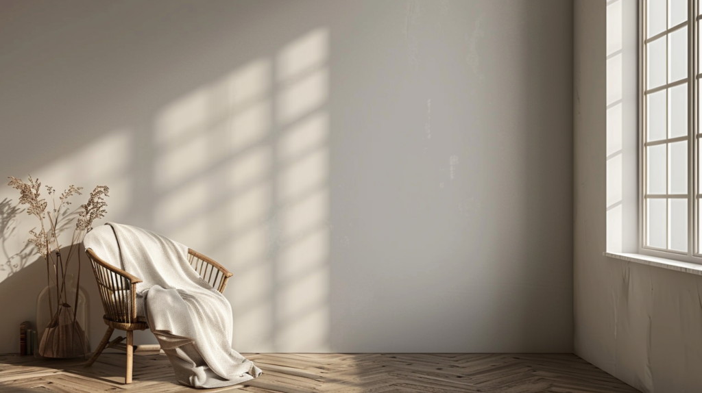 minimalist bedroom corner, large blank wall with soft shadow play from window, single linen throw on chair, warm wood floor, feeling of spacious calm, gentle morning light