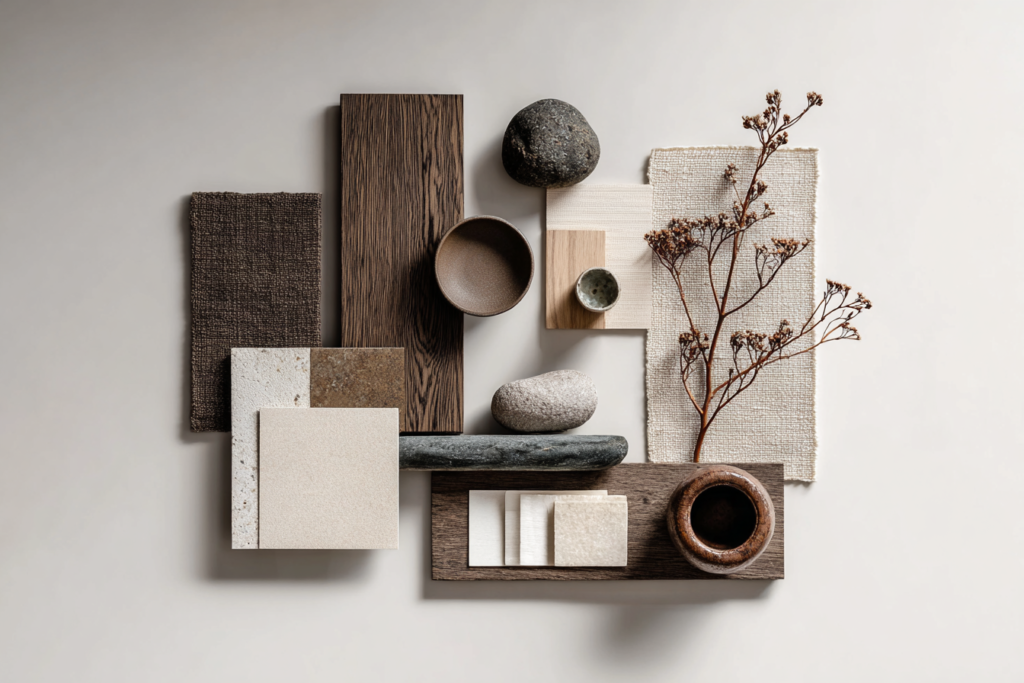 calm minimalist interior comparison mood board, Scandinavian wood textures, Japanese ceramics, neutral textiles, natural materials, warm minimalism palette, editorial design concept board, architectural styling 