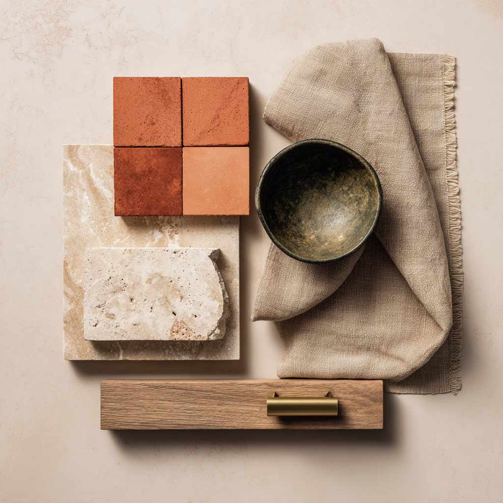 Modern Mediterranean materials moodboard