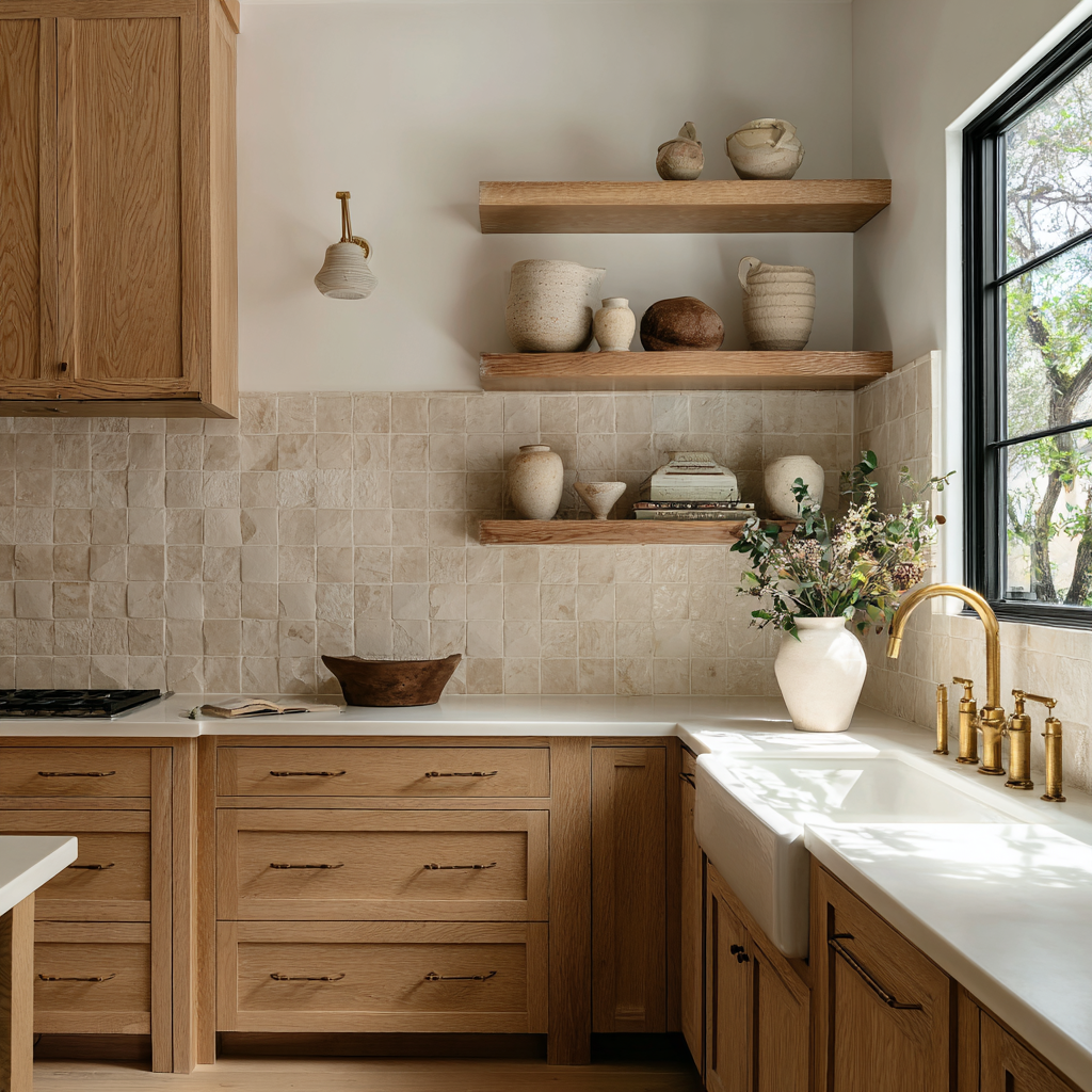 Modern Mediterranean kitchen, warm oak cabinetry, natural stone countertops, small handmade tile backsplash accent, brass fixtures, open shelving with ceramic pottery, soft natural daylight, ultra soft airy magazine photography
