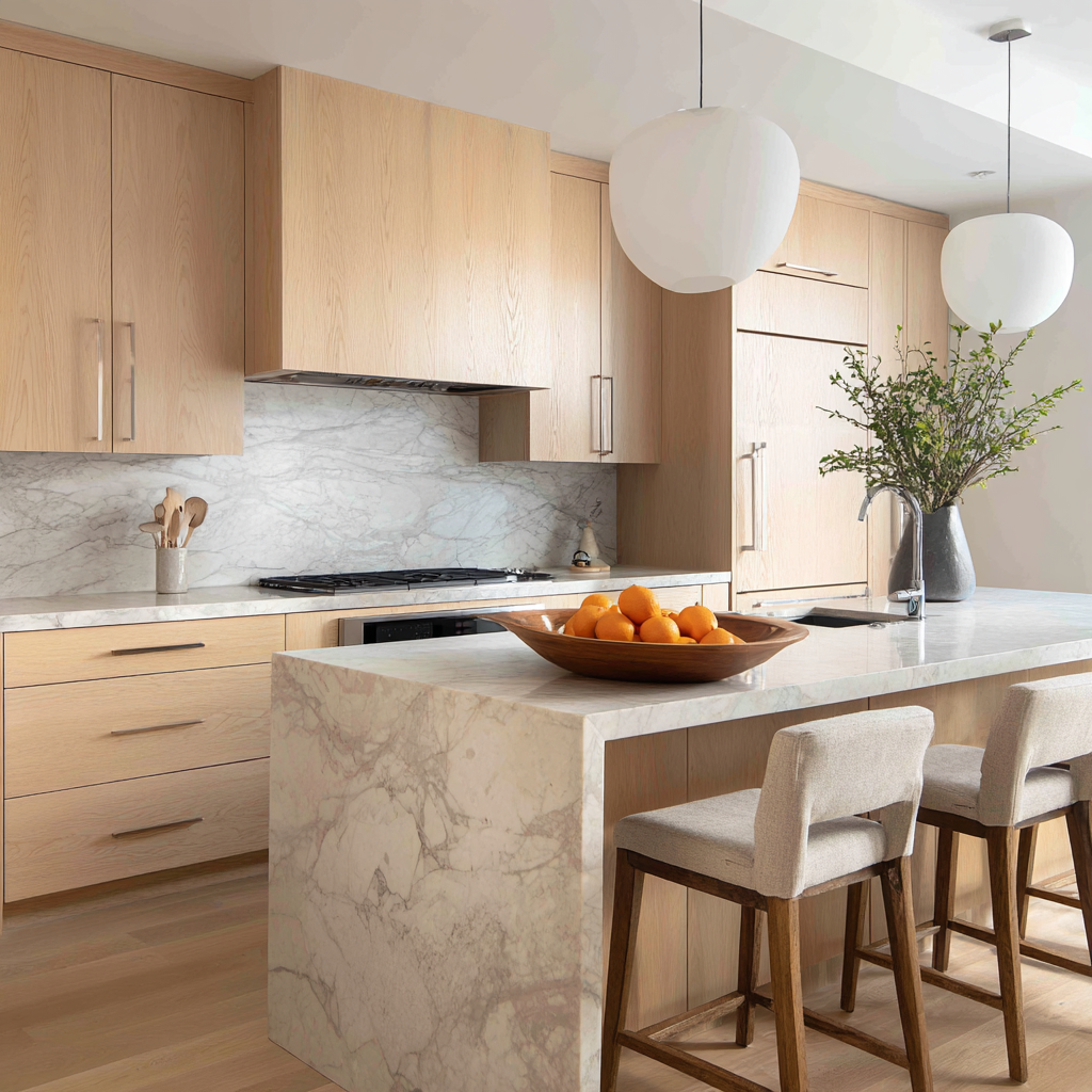 A modern warm minimalist kitchen featuring light wood cabinetry without handles, a marble backsplash with soft grey veining, and a large wooden bowl of fruit on the island