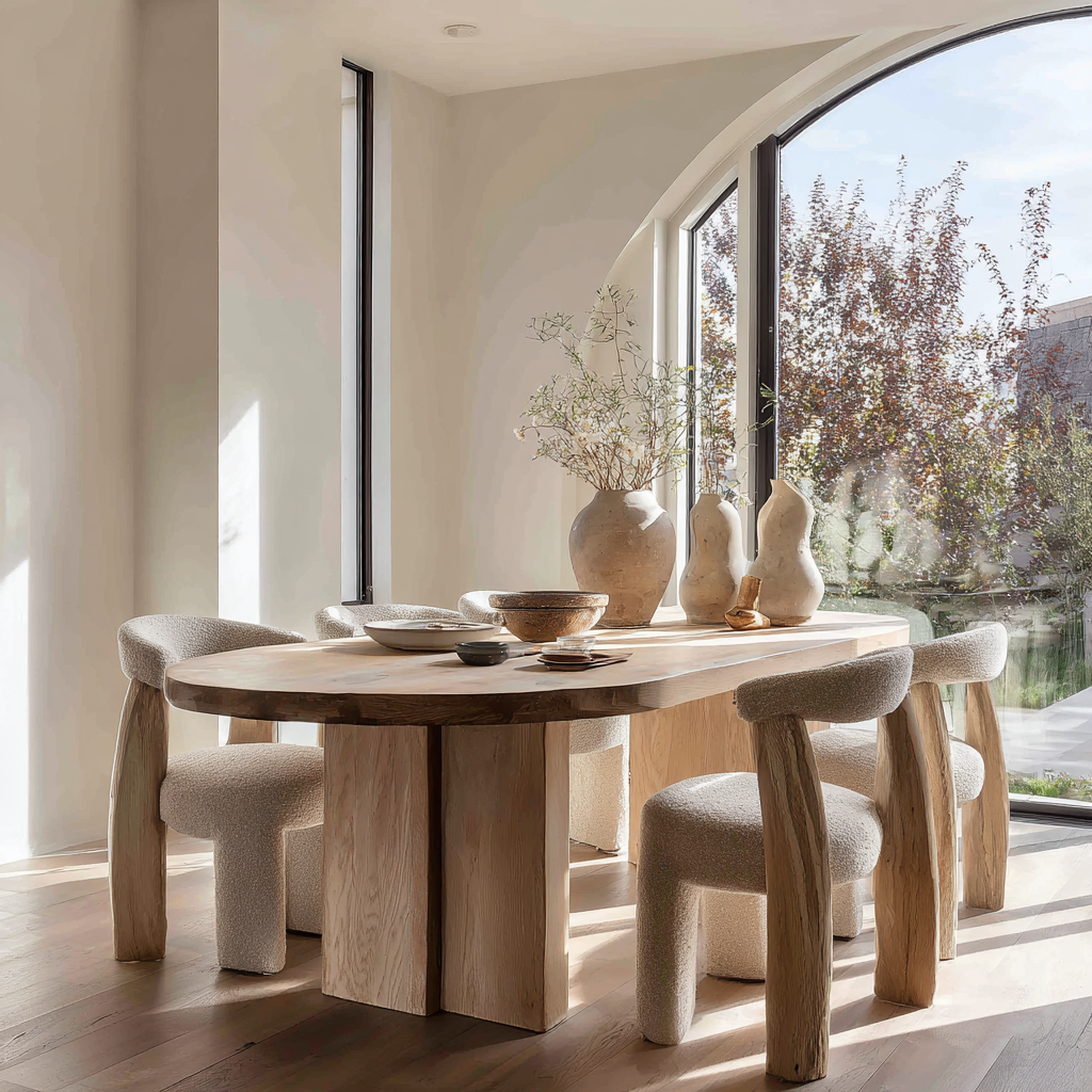 Alt text: Organic Modern dining room with oval wooden table and soft natural light.
