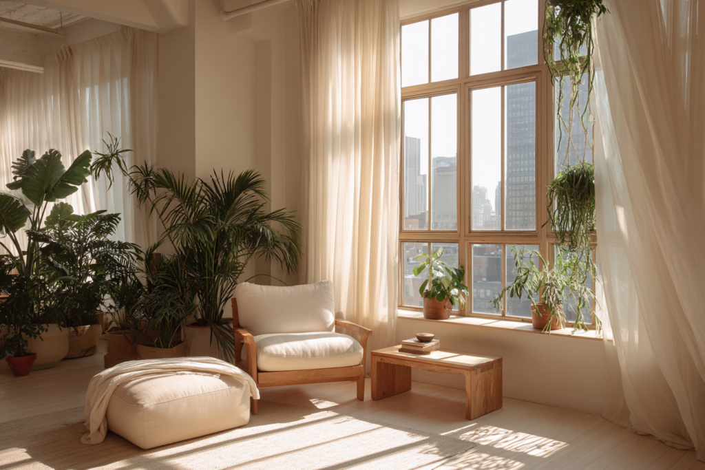 peaceful warm minimalist home interior, soft neutral palette, natural wood furniture, linen curtains, indoor plants, sunlight streaming through window, serene atmosphere, architectural digest style photography 