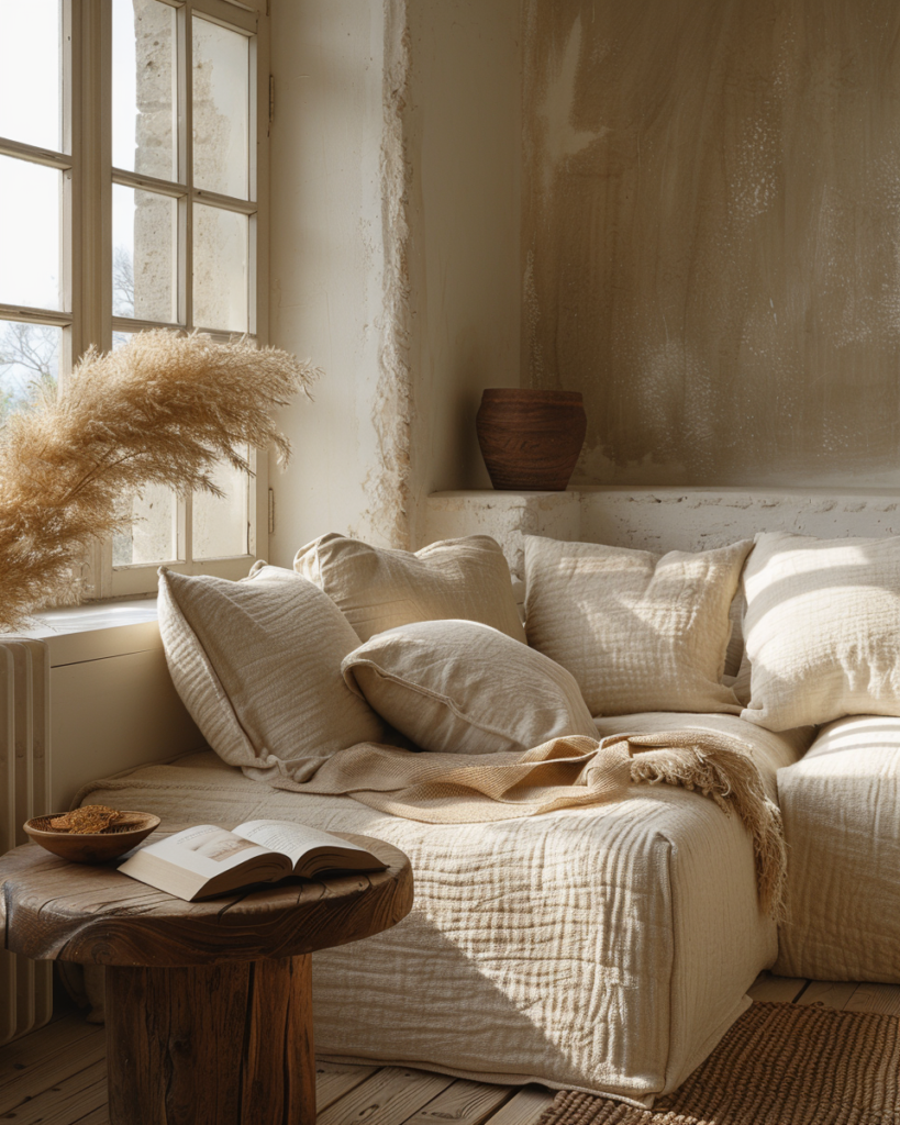 peaceful warm minimalist living space at golden hour, soft beige sofa with linen cushions, wooden side table with open book and small plant, large window flooding room with warm late-afternoon light, subtle shadows on textured wall, feeling of quiet sanctuary, photorealistic, emotional warmth and calm, editorial photography