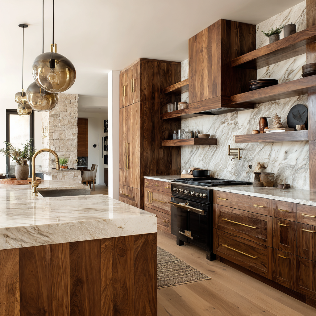 Rustic Modern kitchen with walnut cabinetry, natural stone countertops, brass hardware, reclaimed wood shelving, industrial-modern pendants.
