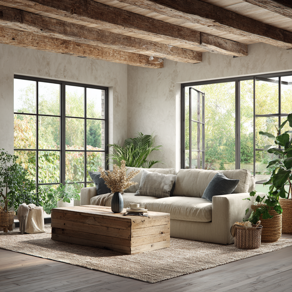 rustic modern living room with wood beam ceilings, large windows and many plants.