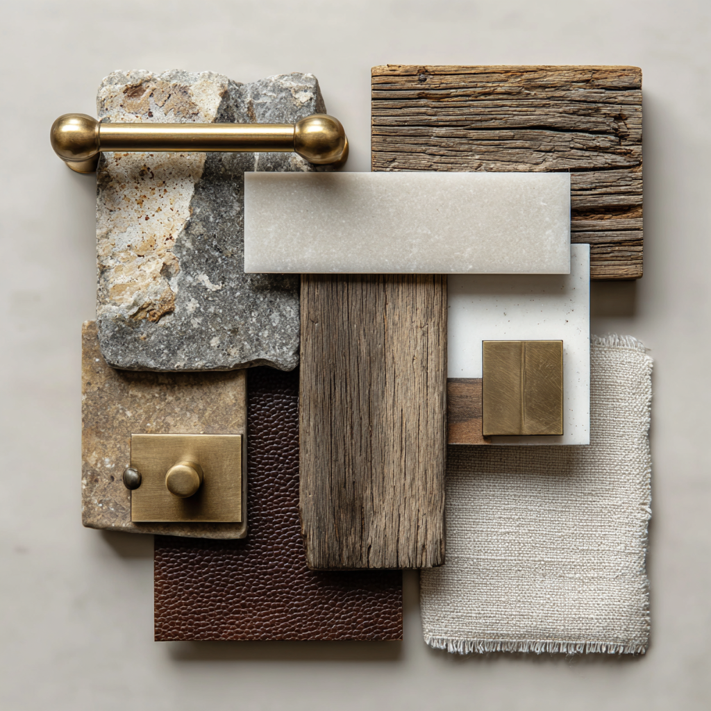 flat lay of reclaimed barn wood sample, natural stone tile, brushed brass hardware, linen fabric, aged leather swatch, arranged minimally on neutral surface, ultra soft airy grounded photography

