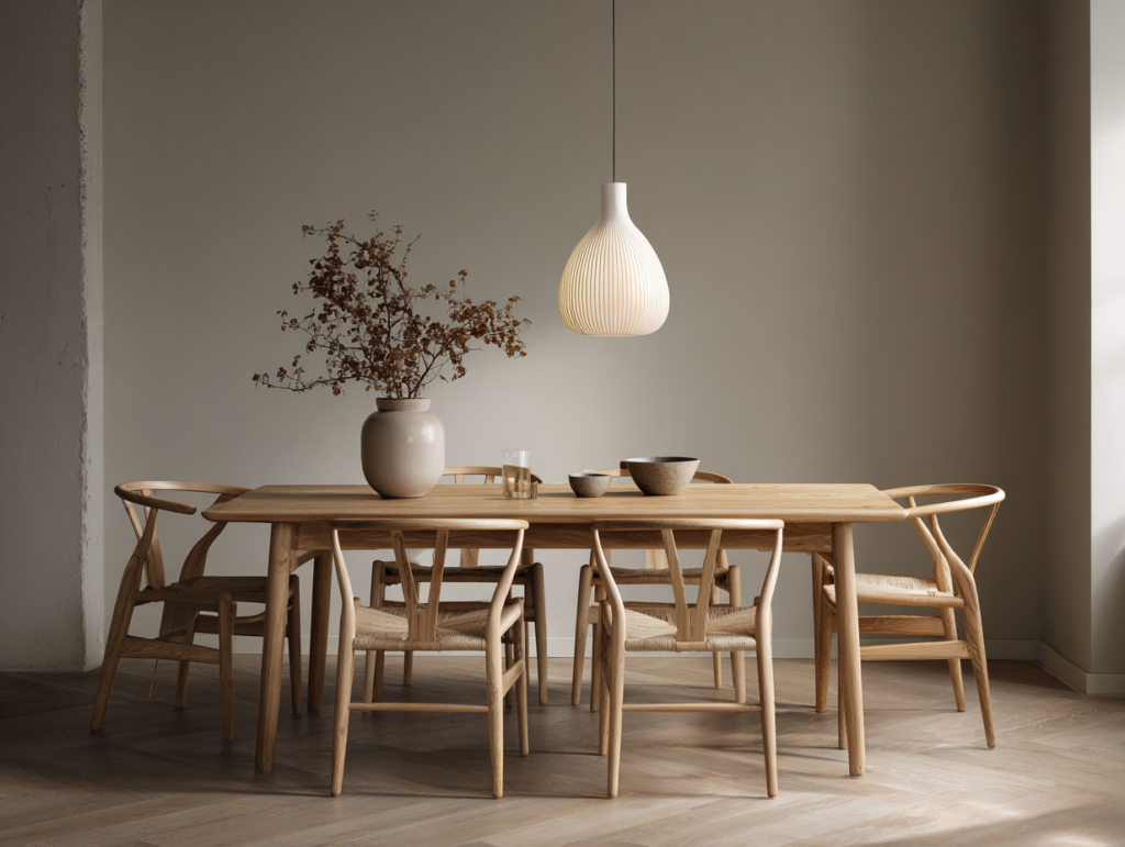 Scandinavian dining room with oak table, wishbone chairs, and minimal natural styling.