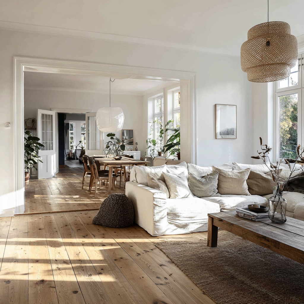 scandinavian design open living area with couch, coffee table and dining room in background.