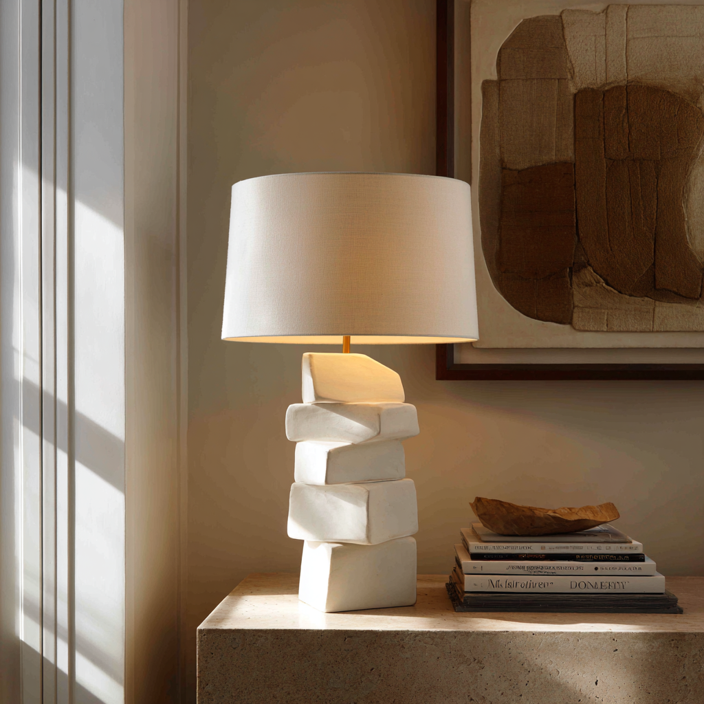 A sculptural white ceramic table lamp with a linen shade casting a warm, soft glow over a stack of a few carefully chosen coffee table books on a stone side table