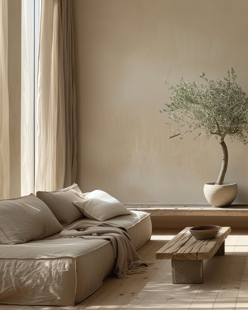 /imagine prompt: serene warm minimalist living room, soft beige walls with subtle texture, natural oak wood floor, low linen sofa in taupe with wool throw, single large potted olive tree by window, morning sunlight streaming through sheer curtains, matte ceramic vase on low wooden coffee table, very few objects, spacious negative space, calm and inviting atmosphere, photorealistic, natural light, editorial interior photography, warm neutral tones, quiet elegance 
