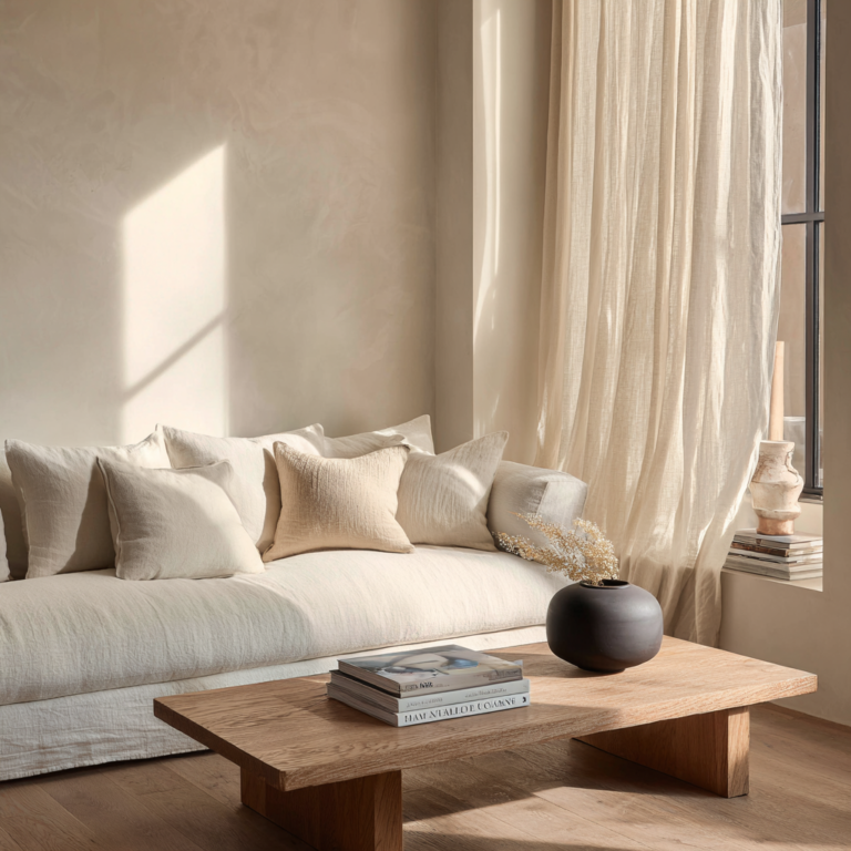 A serene warm minimalist living room featuring a low-slung off-white sofa, a light oak coffee table, and walls painted in a soft, whisper-white "Cloud Dancer" shade with warm sunlight streaming through sheer linen curtains.