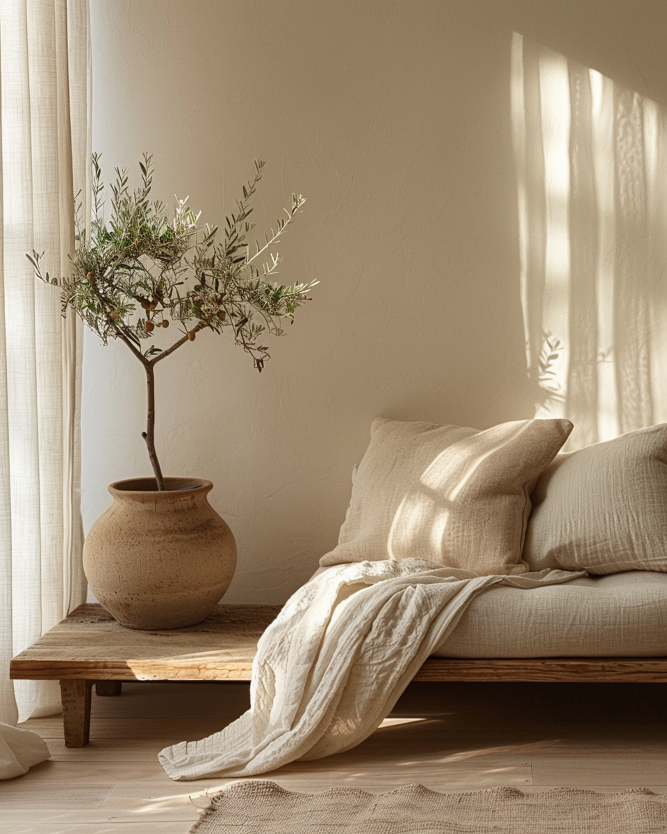 /imagine prompt: serene warm minimalist living room, soft beige walls with subtle texture, natural oak wood floor, low linen sofa in taupe with wool throw, single large potted olive tree by window, morning sunlight streaming through sheer curtains, matte ceramic vase on low wooden coffee table, very few objects, spacious negative space, calm and inviting atmosphere, photorealistic, natural light, editorial interior photography, warm neutral tones, quiet elegance