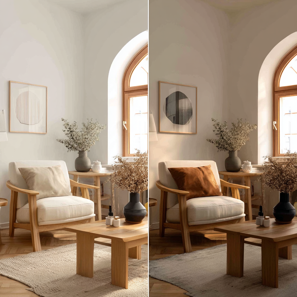side by side comparison interior, Scandinavian living room with white walls and pale oak furniture vs Japandi living room with warm earth tones and darker wood, minimal styling, soft natural lighting