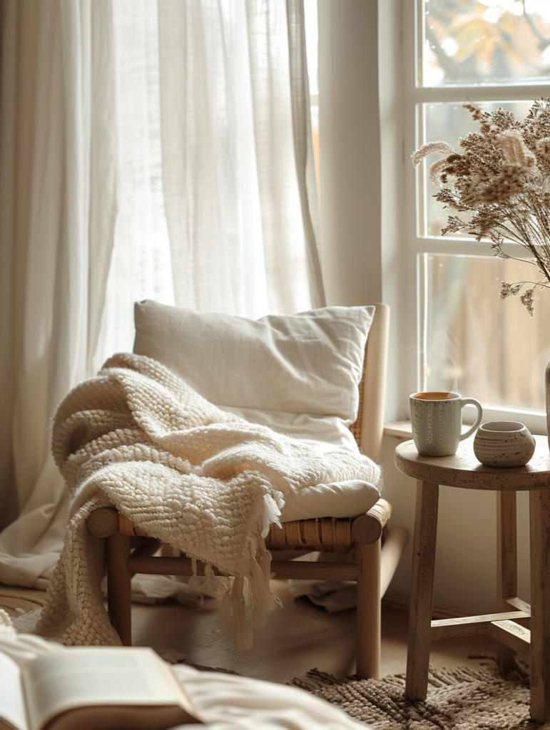 soft warm minimalist reading nook, low wooden chair with thick wool cushion, small side table with ceramic mug of tea, natural light through sheer curtain, open book resting on lap (implied), feeling of deep rest and presence, photorealistic, gentle and introspective mood, neutral tones