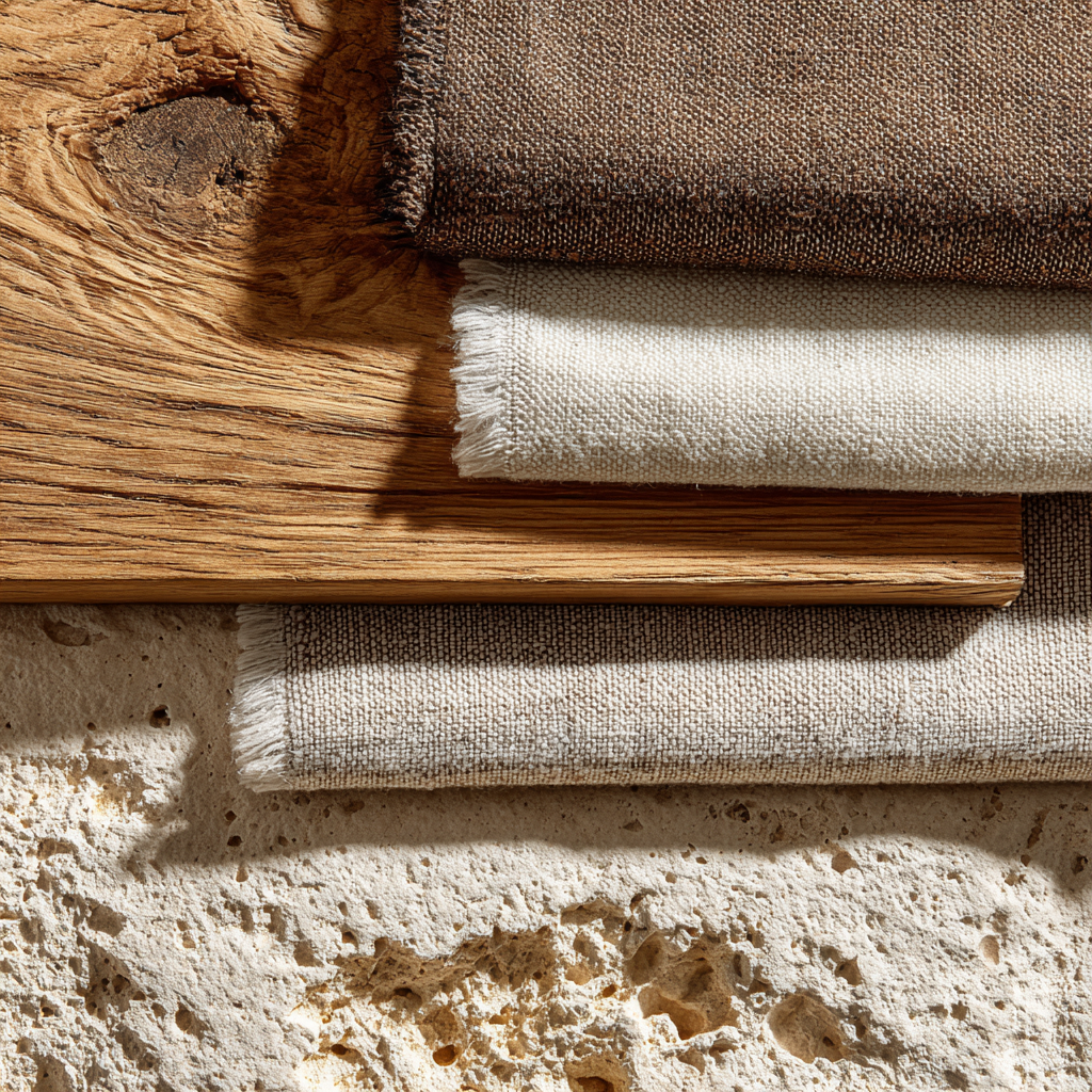 Close-up of natural materials including oak wood, linen textiles, plaster walls, and stone surfaces in a warm neutral interior.

